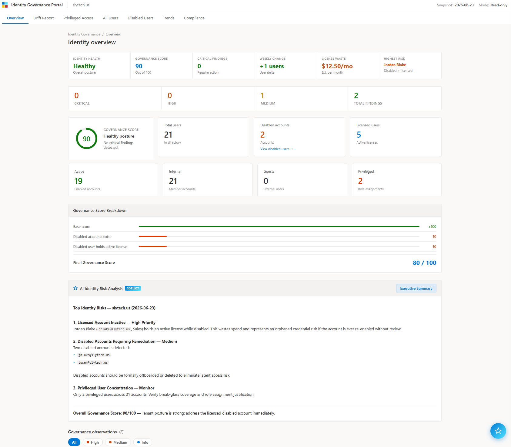 Identity Governance Portal dashboard showing executive health bar, governance score, and AI risk analysis