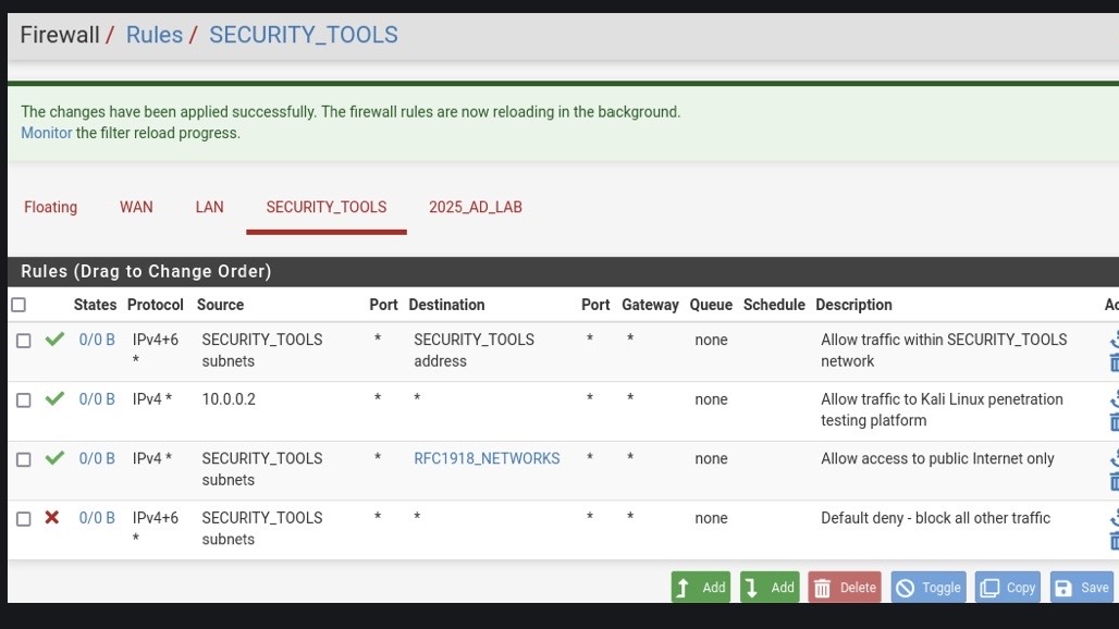 pfSense firewall rules dashboard showing VLAN segmentation policies